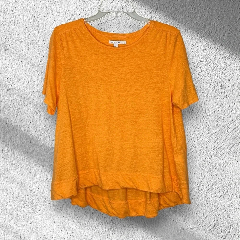 Chicos 100% Linen Orange tiered Back short sleeve Blouse Top size 2‎ (Large)